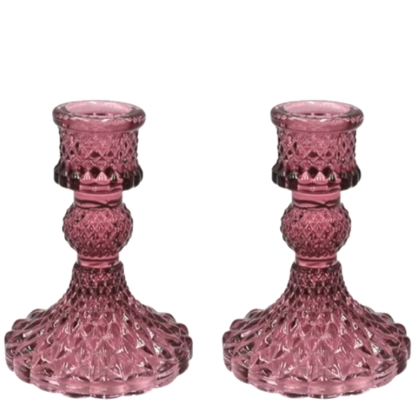 Set 2 Berry Pink Faceted Glass Candlesticks Crystal Candle Holders Vintage Style - Picture 2 of 9